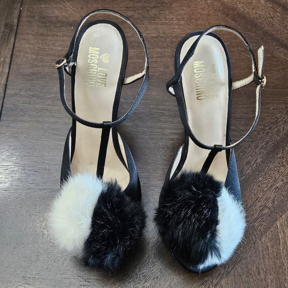 Love Moschino Satin Pom Pom Platform Heels Womens EU‎ 37 US 7 Black Stiletto Y2K